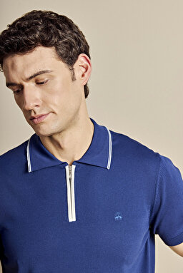 Polo Yaka Patı Çizgili Rayon Kazak - Saks Mavi (görsel 4)
