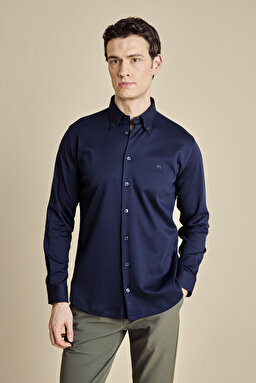 %100 Pamuk Düğmeli Yaka Slim Fit  Örme Gömlek - Lacivert (görsel 3)