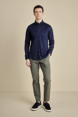%100 Pamuk Düğmeli Yaka Slim Fit  Örme Gömlek - Lacivert (görsel 4)