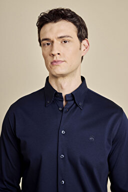 %100 Pamuk Düğmeli Yaka Slim Fit  Örme Gömlek - Lacivert (görsel 7)