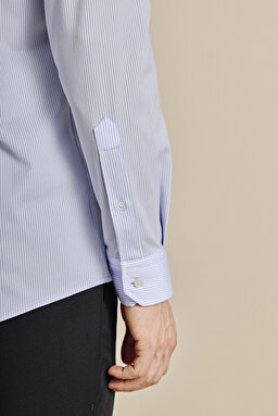 İtalyan Yaka Non Iron Slim Fit Çizgili Örme Gömlek - Mavi-Beyaz (görsel 7)