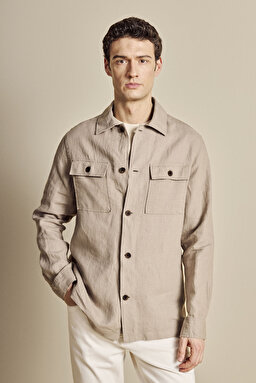 %100 Keten Klasik Yaka Cep Detaylı  Overshirt - Vizon (görsel 3)