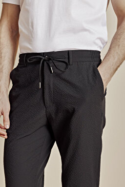 Yan Beli Lastikli Gofre Jogger Pantolon - Siyah (görsel 4)
