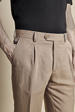 Keten Karışımlı Uzun Dilli Pileli Duble Paça  Pantolon - Vizon (görsel 5)