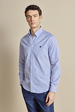 %100 Pamuk Düğmeli Yaka Slim Fit Çizgili  Gömlek - Mavi-Beyaz (görsel 2)