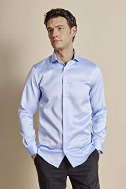 %100 Pamuk İtalyan Yaka Slim Fit Saten Non Iron Gömlek - Mavi