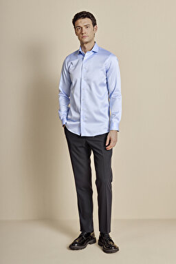 %100 Pamuk İtalyan Yaka Slim Fit Saten Non Iron Gömlek - Mavi (görsel 3)