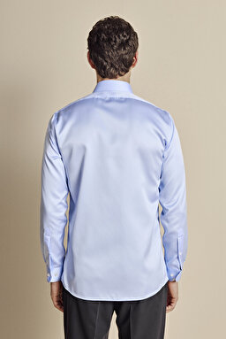 %100 Pamuk İtalyan Yaka Slim Fit Saten Non Iron Gömlek - Mavi (görsel 6)