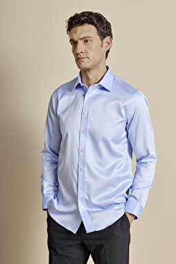 %100 Pamuk Klasik Yaka Slim Fit Saten Non Iron Gömlek - Mavi