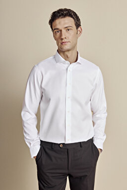 %100 Pamuk İtalyan Yaka Slim Fit Armürlü Oxford Doku Non Iron Gömlek - Beyaz