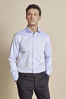 İtalyan Yaka Slim Fit Gabardin Doku Non Iron Gömlek - Mavi