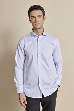 İtalyan Yaka Slim Fit Çizgili Non Iron Gömlek - Mavi-Beyaz (görsel 3)