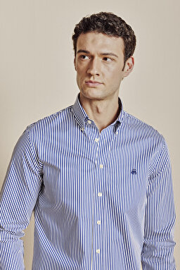 %100 Pamuk Düğmeli Yaka Slim Fit Çizgili  Gömlek - Lacivert-Beyaz (görsel 4)