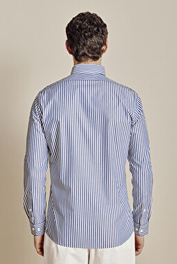 Düğmeli Yaka Slim Fit  Çizgili Gömlek - Lacivert-Beyaz (görsel 5)