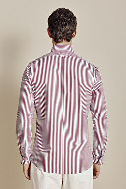 Düğmeli Yaka Slim Fit  Çizgili Gömlek - Bordo-Beyaz (görsel 6)