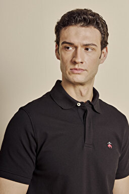 Pamuk Karışımlı Polo Yaka Likralı Pike T-shirt - Siyah (görsel 4)