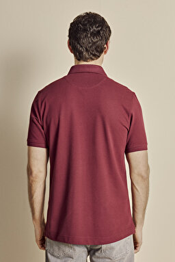 Pamuk Karışımlı Polo Yaka Likralı Pike T-shirt - Bordo (görsel 5)