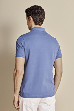 Pamuk Karışımlı Polo Yaka Likralı Pike T-shirt - Indigo (görsel 5)