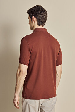 Pamuk Karışımlı Polo Yaka Likralı Pike T-shirt - Koyu Kiremit-Bakır (görsel 5)