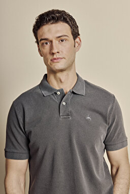 %100 Pamuk Polo Yaka Parça Boya T-shirt - Antrasit (görsel 4)