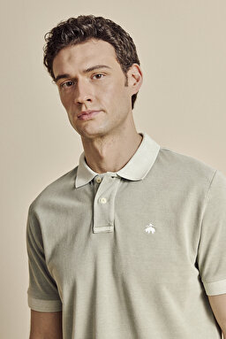 %100 Pamuk Polo Yaka Parça Boya T-shirt - Küf Yeşili (görsel 4)