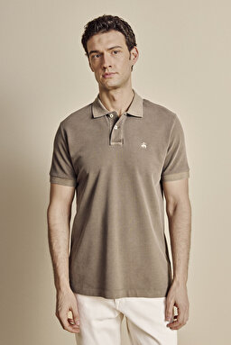 %100 Pamuk Polo Yaka Parça Boya T-shirt - Haki (görsel 3)