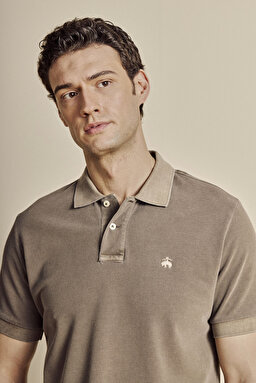 %100 Pamuk Polo Yaka Parça Boya T-shirt - Haki (görsel 5)