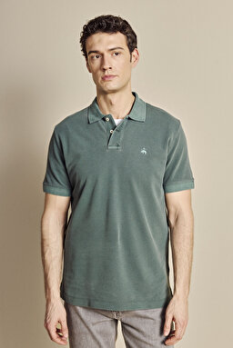 %100 Pamuk Polo Yaka Parça Boya T-shirt - Koyu Yeşil (görsel 2)