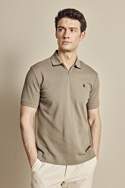 Fermuarlı Polo Yaka Kontrast Detaylı T-shirt - Haki