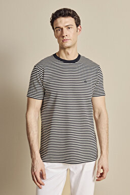 Bisiklet Yaka Çizgili Fashion T-shirt - Lacivert-Beyaz
